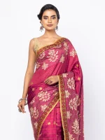 Raspberry Printed and Embroidered Silk Saree - Image 2