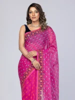 Magenta Printed and Embroidered Cotton Saree - Image 2