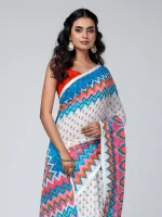 White Printed and Embroidered Cotton Saree