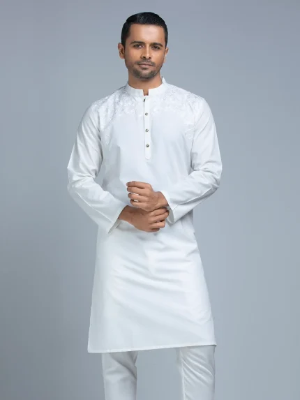 White Embroidered Cotton Panjabi