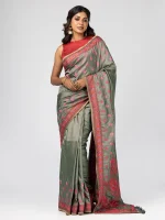 Sage Grey Printed and Nakshi Kantha Embroidered Silk Saree
