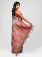 Sage Grey Printed and Nakshi Kantha Embroidered Silk Saree - Image 3